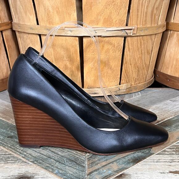 Vince Camuto Dileta Black Leather Square Point Toe Stacked Wedge Pump Womens 7.5 - Picture 1 of 11
